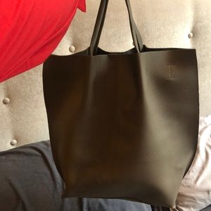 pebbled vegan leather tote bag with suede interior